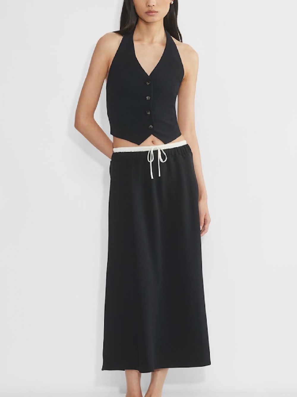 Aritzia Wilfred Leveille Maxi Skirt Black Contrast Waist Drawstring Sz S NWT